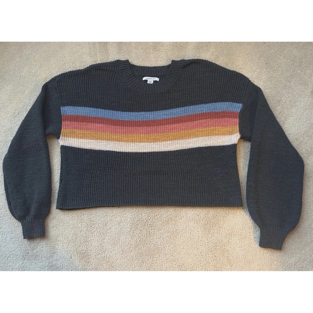 American Eagle Womens Sweater‎ Cropped Size M Gray Stripe Long Sleeve Crewneck